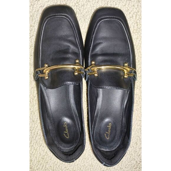 Women's Clarks Pure Block Black Leather Embellished Block Heel Loafers (Size 7) - Picture 2 of 8